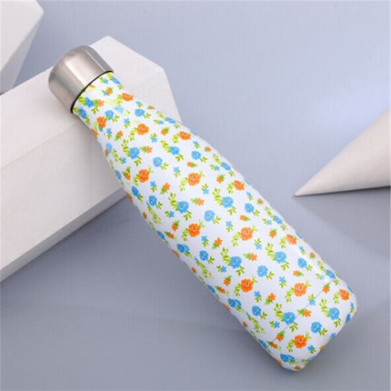 Animals Plants Pattern Thermal Cup Vacuum Flask Heat Water Bottle Portable Stainless Steel Sports Kettle, Capacity:500ml(Green Flower)-garmade.com