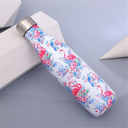 Animals Plants Pattern Thermal Cup Vacuum Flask Heat Water Bottle Portable Stainless Steel Sports Kettle, Capacity:500ml(White Flamingo)-garmade.com