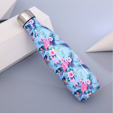 Animals Plants Pattern Thermal Cup Vacuum Flask Heat Water Bottle Portable Stainless Steel Sports Kettle, Capacity:500ml(Blue Flamingo)-garmade.com