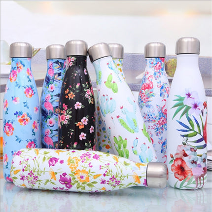 Animals Plants Pattern Thermal Cup Vacuum Flask Heat Water Bottle Portable Stainless Steel Sports Kettle, Capacity:500ml(Blue Flamingo)-garmade.com