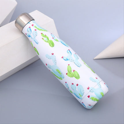 Animals Plants Pattern Thermal Cup Vacuum Flask Heat Water Bottle Portable Stainless Steel Sports Kettle, Capacity:500ml(White Cactus)-garmade.com