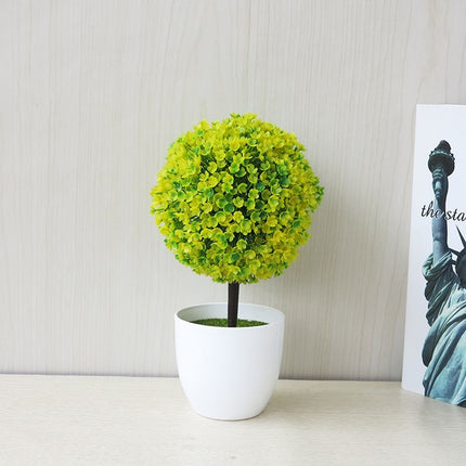 Desktop Simulation Plant Mini Grass Ball Bonsai Decorated Plastic Flower Cherry Blossom Snowball Artificial Flowers(Yellow)-garmade.com