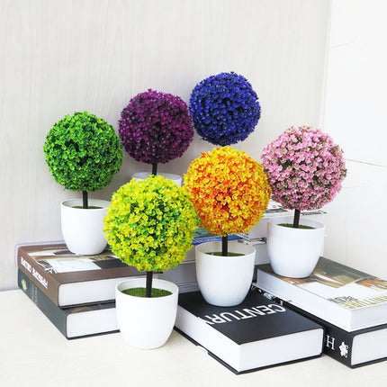 Desktop Simulation Plant Mini Grass Ball Bonsai Decorated Plastic Flower Cherry Blossom Snowball Artificial Flowers(Yellow)-garmade.com