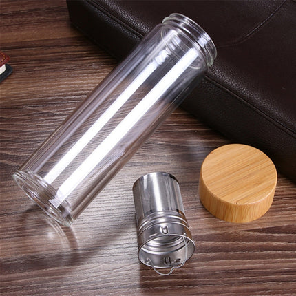 Glass Water Tea Bottles with Infuser Bamboo Lid Double Wall Brief Portable Outdoor Bottle 450ML-garmade.com