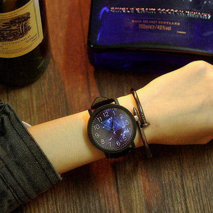 Waterproof Retro PU Leather Strap Quartz Watch(Black Band Cosmic Dial)-garmade.com