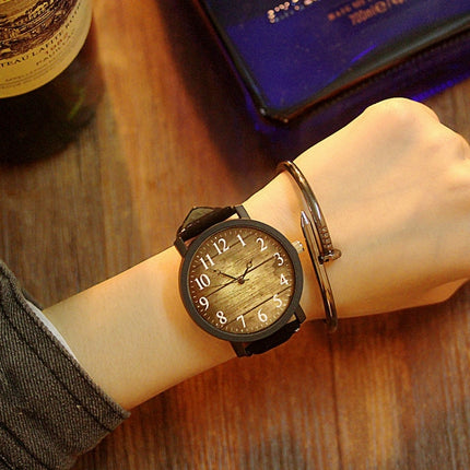 Waterproof Retro PU Leather Strap Quartz Watch(Black Band Wooden Dial)-garmade.com