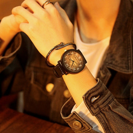 Waterproof Retro PU Leather Strap Quartz Watch(Black Band Wooden Dial)-garmade.com