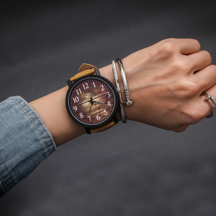 Waterproof Retro PU Leather Strap Quartz Watch(Coffee Band Wooden Dial)-garmade.com