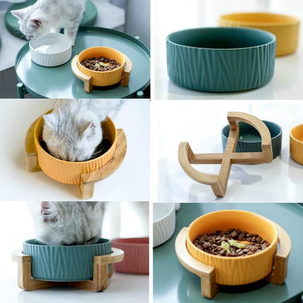 13cm/400ml Cat Dog Food Bowl Pet Ceramic Bowl, Style:Bowl With Wooden Frame(Yellow)-garmade.com