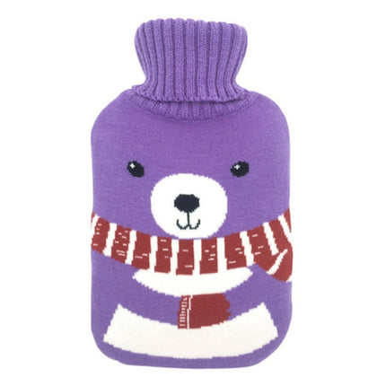 Hot Water Bottle Solid Color Knitting Cover (Without Hot Water Bottle) Water-filled Hot Water Soft Knitting Bottle Velvet Bag(Purple scarf bear)-garmade.com