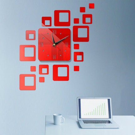 Home Mirror Surface Sticker Home Office Decorative Mirrors 3D Stereo Clock Acrylic Mirror Clock Block Combination Clock(Red)-garmade.com