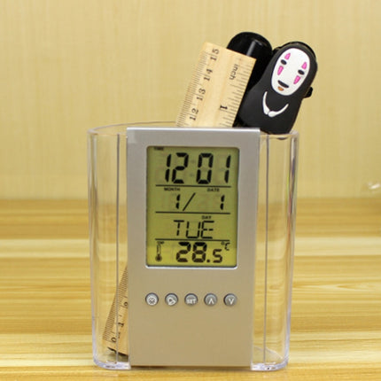 Transparent Desk Clock Pencil Holder Removable Desktop Table Digital Clock-garmade.com