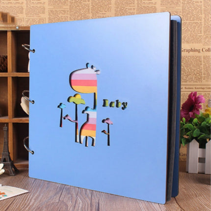 Wooden Cover Baby Growth Commemorative Album Creative Manual Paste Album Book(Blue Giraffe)-garmade.com