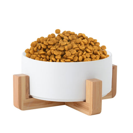 13cm/400ml Cat Bowl Dog Pot Pet Ceramic Bowl, Style:Single Bowl With Wooden Stand(White)-garmade.com