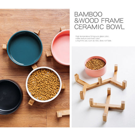 13cm/400ml Cat Bowl Dog Pot Pet Ceramic Bowl, Style:Single Bowl With Wooden Stand(White)-garmade.com