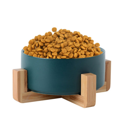 13cm/400ml Cat Bowl Dog Pot Pet Ceramic Bowl, Style:Single Bowl With Wooden Stand(Green)-garmade.com