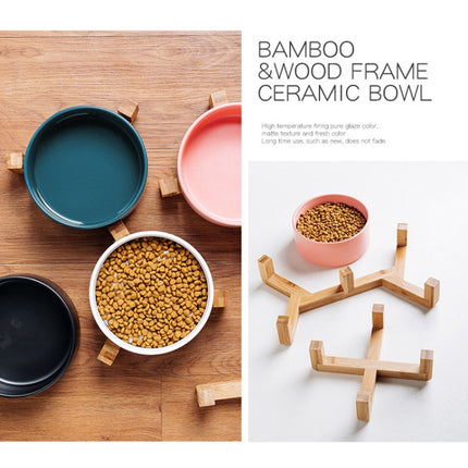 13cm/400ml Cat Bowl Dog Pot Pet Ceramic Bowl, Style:Single Bowl With Wooden Stand(Green)-garmade.com