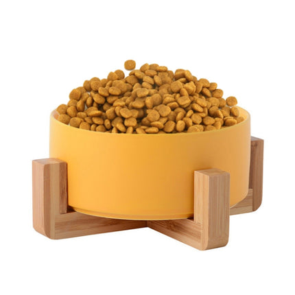 13cm/400ml Cat Bowl Dog Pot Pet Ceramic Bowl, Style:Single Bowl With Wooden Stand(Yellow)-garmade.com