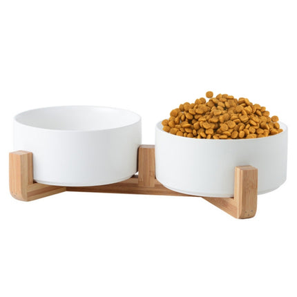13cm/400ml Cat Bowl Dog Pot Pet Ceramic Bowl, Style:Double Bowl With Wooden Stand(White)-garmade.com