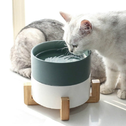 13cm/400ml Cat Bowl Dog Pot Pet Ceramic Bowl, Style:Double Bowl With Wooden Stand(White)-garmade.com