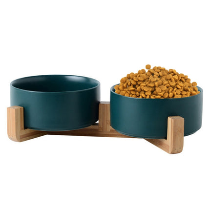 13cm/400ml Cat Bowl Dog Pot Pet Ceramic Bowl, Style:Double Bowl With Wooden Stand(Green)-garmade.com