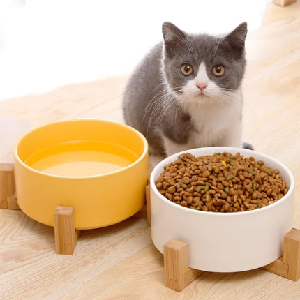 13cm/400ml Cat Bowl Dog Pot Pet Ceramic Bowl, Style:Double Bowl With Wooden Stand(Green)-garmade.com