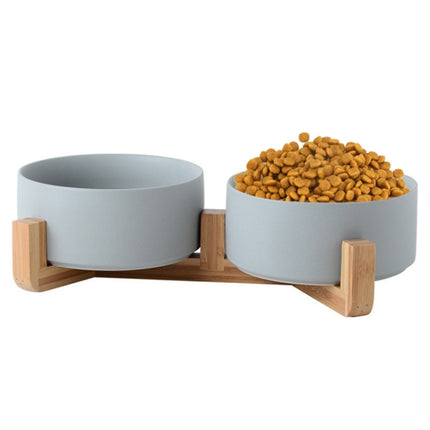 13cm/400ml Cat Bowl Dog Pot Pet Ceramic Bowl, Style:Double Bowl With Wooden Stand(Gray)-garmade.com