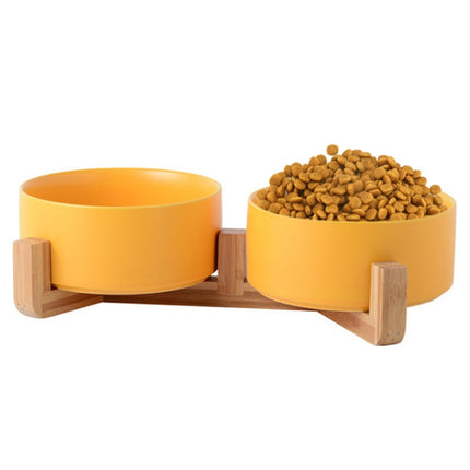 13cm/400ml Cat Bowl Dog Pot Pet Ceramic Bowl, Style:Double Bowl With Wooden Stand(Yellow)-garmade.com