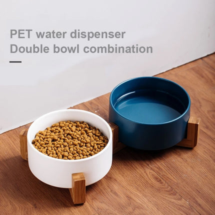 13cm/400ml Cat Bowl Dog Pot Pet Ceramic Bowl, Style:Double Bowl With Wooden Stand(Yellow)-garmade.com
