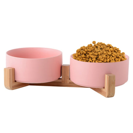 13cm/400ml Cat Bowl Dog Pot Pet Ceramic Bowl, Style:Double Bowl With Wooden Stand(Pink)-garmade.com