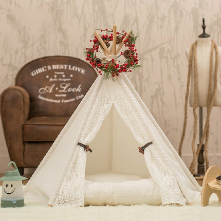 Removable and Washable Canvas Fabric Pet Nest Pet Tent, Size:50x50x60 cm, Style:Spiked Lace (with Pad)-garmade.com