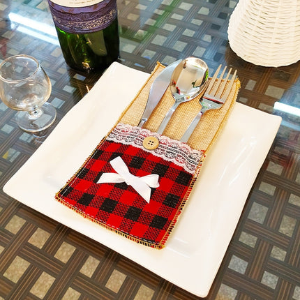 Christmas Knife And Fork Set Christmas Decorations Restaurant Hotel Decoration Checkered, Style: Bowknot-garmade.com