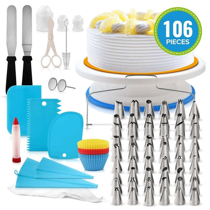 106 in 1 Cake Turntable Set Stainless Steel Decorating Mouth Cake Decorating Baking Tool(Blue)-garmade.com