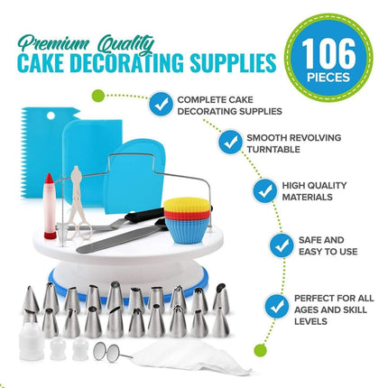 106 in 1 Cake Turntable Set Stainless Steel Decorating Mouth Cake Decorating Baking Tool(Blue)-garmade.com