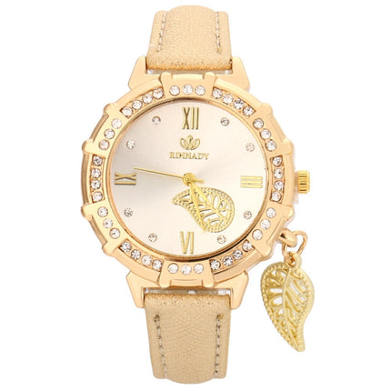 Dial Plated Diamond PU Leather Belt Watch with Leaf Pendant(Gold)-garmade.com