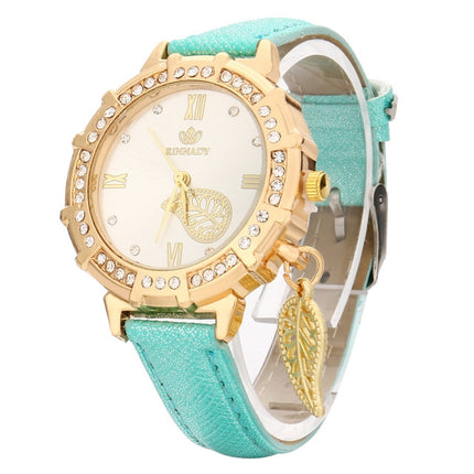 Dial Plated Diamond PU Leather Belt Watch with Leaf Pendant(Green)-garmade.com