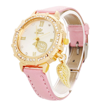 Dial Plated Diamond PU Leather Belt Watch with Leaf Pendant(Pink)-garmade.com