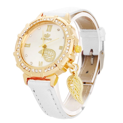 Dial Plated Diamond PU Leather Belt Watch with Leaf Pendant(White)-garmade.com