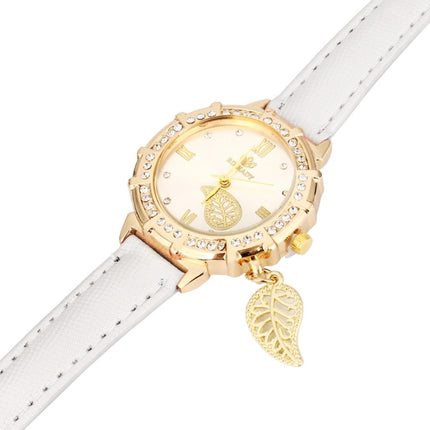 Dial Plated Diamond PU Leather Belt Watch with Leaf Pendant(White)-garmade.com