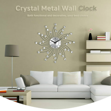 Wrought Iron Crystal Wall Clock Mute Metal Wall Clock for Living Room Bedroom(Silver)-garmade.com