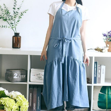 Cotton Linen Fishtail Long Slim Fit Apron Florist Manicure Shop Overalls(Blue)-garmade.com