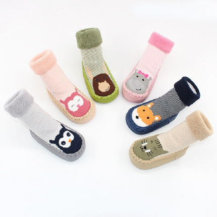 Autumn And Winter Thickened Terry Baby Shoes And Socks Children's Non-slip Soft Bottom Floor Socks, Size:Base Length 11 CM(Green Fawn)-garmade.com