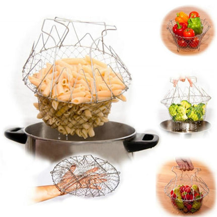 Stainless Steel Telescopic Folding Basket Frying Filter Fries Oil Filtering Kitchen Tool(Silver)-garmade.com