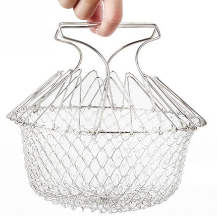 Stainless Steel Telescopic Folding Basket Frying Filter Fries Oil Filtering Kitchen Tool(Silver)-garmade.com