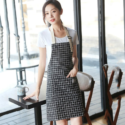 Kitchen Antifouling Simple Cotton Linen Checkered Apron(Black)-garmade.com