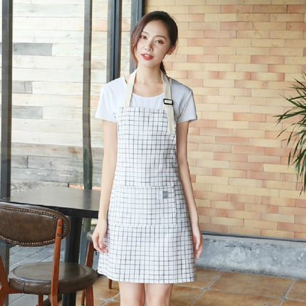 Kitchen Antifouling Simple Cotton Linen Checkered Apron(White)-garmade.com