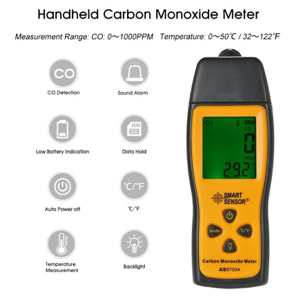 Smart Sensor AS8700A Handheld Carbon Monoxide Meter High Precision Digital CO Leak Detector Analyzer, Sound Light Alarm, Range: 0-1000ppm-garmade.com