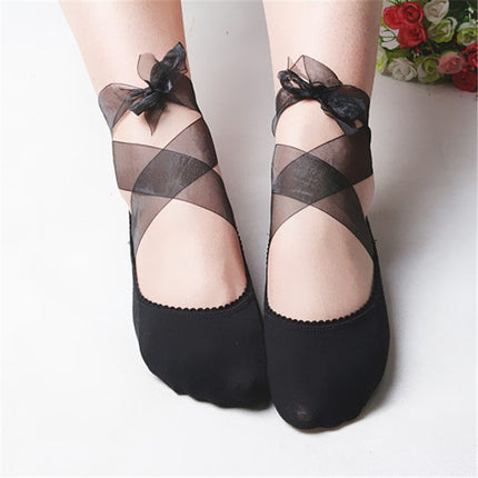 Women Bow Cross Straps Shallow Mouth Socks Sailboat Socks, Size:One Size(Black)-garmade.com