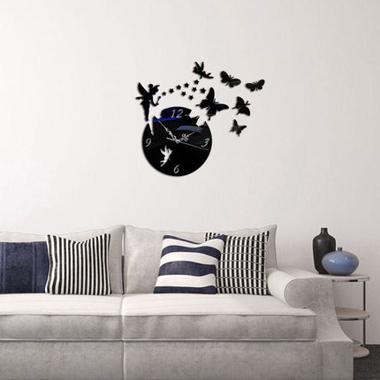 Butterfly Star 3D Acrylic Stereo Living Room Bedroom Decorating Mirror Wall Clock(Black)-garmade.com