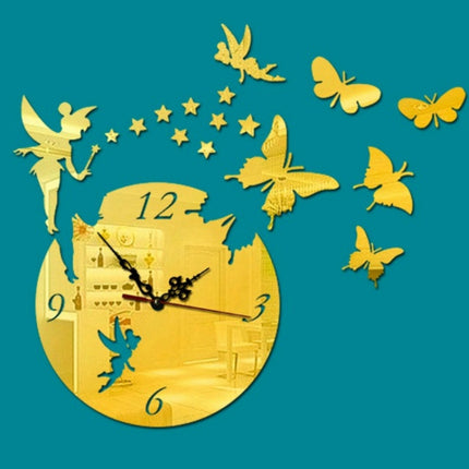 Butterfly Star 3D Acrylic Stereo Living Room Bedroom Decorating Mirror Wall Clock(Gold)-garmade.com
